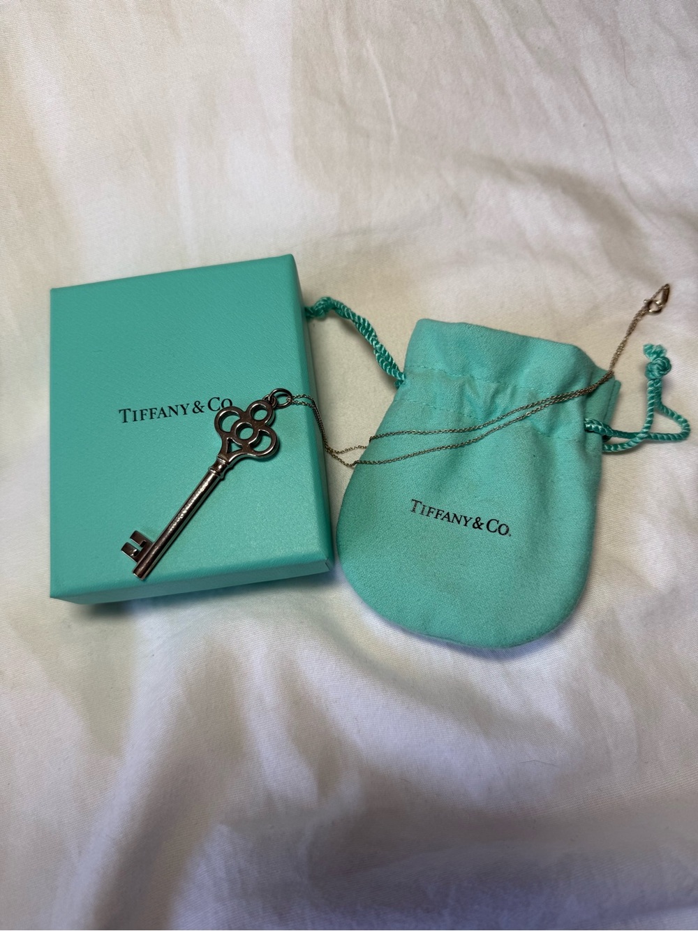 Tiffany & Co. Silver Key Pendant Necklace with Tiffany Blue Pouch & Box